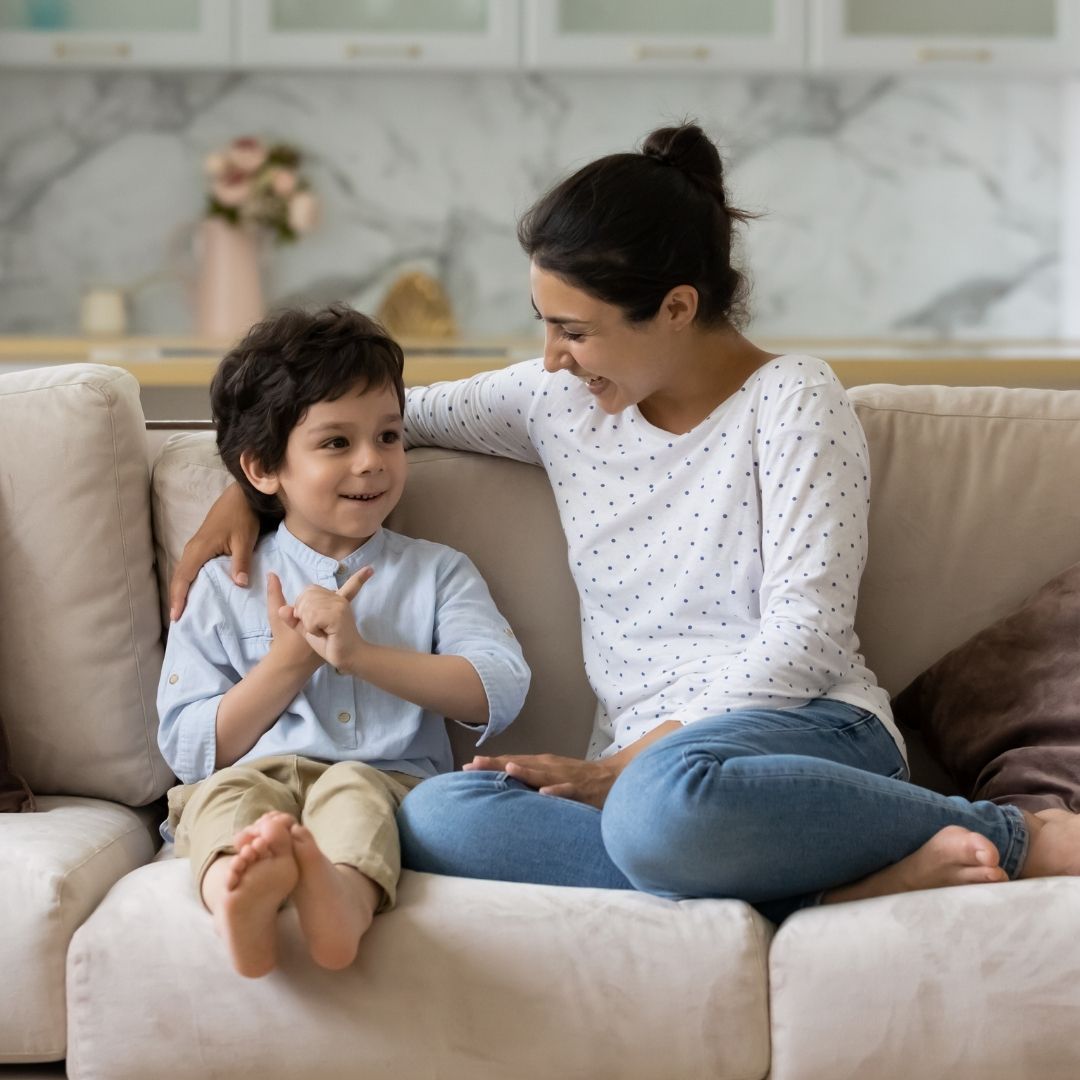 Mom talking to her child.