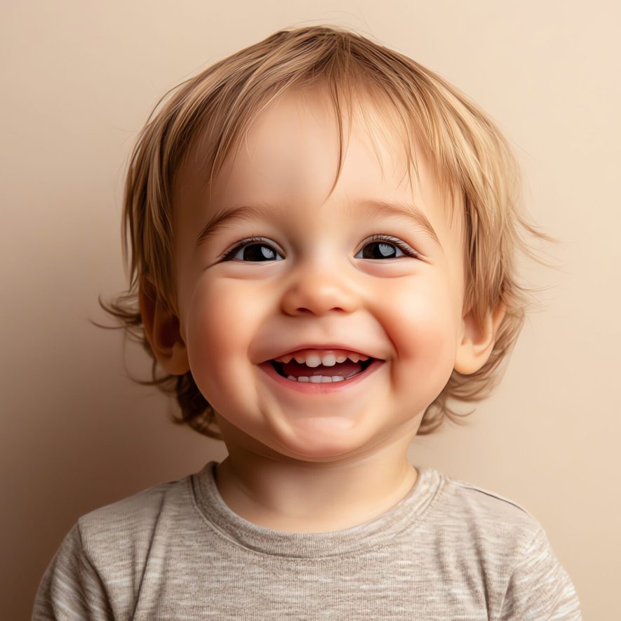 A baby with blonde hair laughs in front of a beige background.